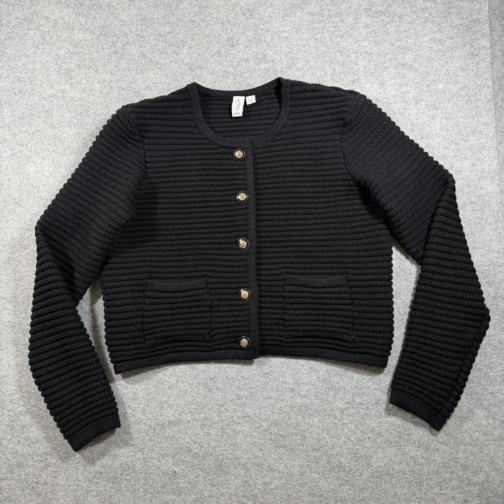 Joie Cardigan Sweater Womens L Black Ribbed Knit Crop Boxy Gold Button Preppy